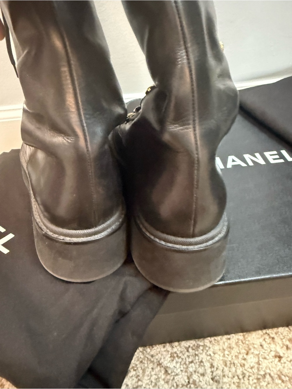 AUTHENTIC!!
RARE!!! 
Excellent. 
CHANEL Tall Black Leather Lace-Up Biker boot - Picture 6 of 8